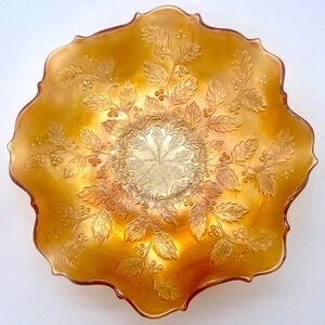 Fenton Carnival Glass Bowl 9" Marigold Holly Berries Ruffled Edge Iridescent